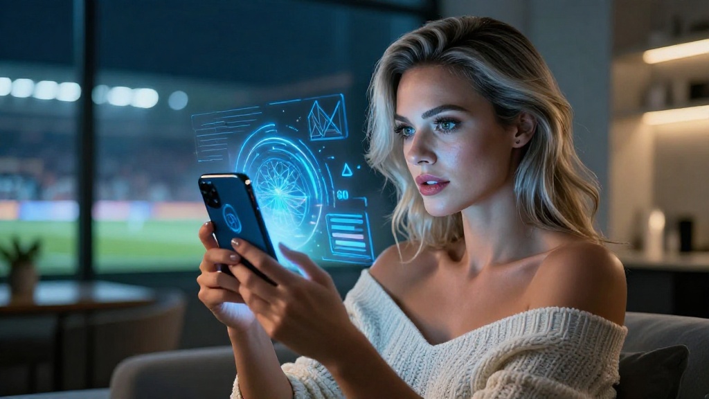 Женщина анализирует данные на смартфоне для прогноза на футбольный матч